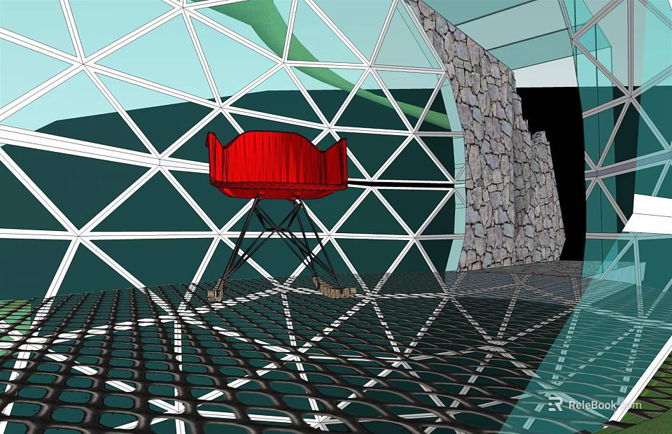 Red Chair In Futuristic Geometric Structure Interior With Stone Wall And Grid Floor 3d model 