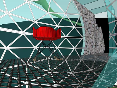 Red Chair In Futuristic Geometric Structure Interior With Stone Wall And Grid Floor 3d model