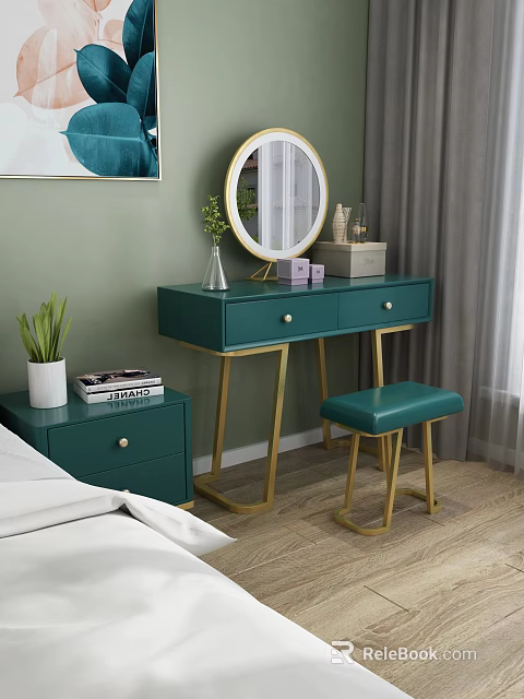 Teal Dressing Table With Gold Legs Round Mirror And Matching Stool 3d model 