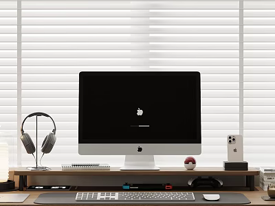 Modern Apple iMac Desktop Setup with Headphones Smartphone and Accessories 3d model