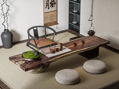 Japanese-style Tatami Tea Table and Chair Tea Table Tea Set Cushion 3d model