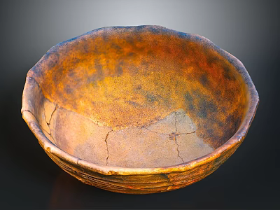 Hand Carved Ceramic Bowl With Orange Brown Texture And Visible Cracks 3d model