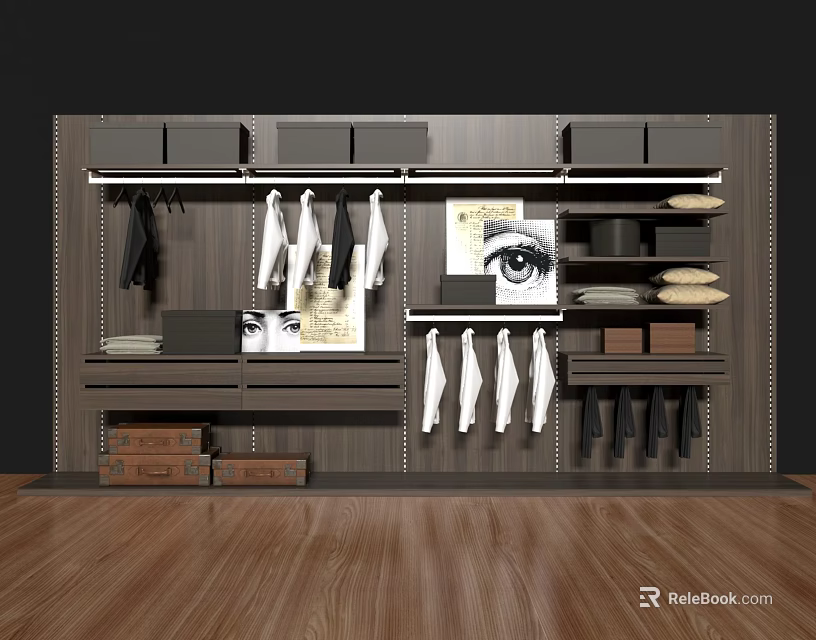 Modern Wooden Closet Interior With Hanging Clothes Folded Garments Decorative Art And Storage Boxes 3d model 
