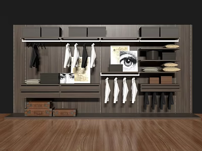 Modern Wooden Closet Interior With Hanging Clothes Folded Garments Decorative Art And Storage Boxes 3d model