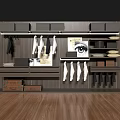Modern Wooden Closet Interior With Hanging Clothes Folded Garments Decorative Art And Storage Boxes