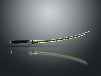 Modern Curved Katana Sword With Black Handle Green Accent Blade And Reflective Surface 3d model