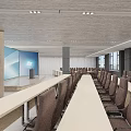 Modern Spacious Conference Room With Round Wooden Table Ergonomic Office Chairs And Dual Large Screens