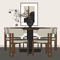 Modern Wooden Dining Table Set With White Chairs Vase Branches And Framed Artwork Interior 3d model