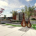 Serene Garden Landscape With Red Trees Green Lawn Stone Pavement Outdoor Seating And Wooden Screen