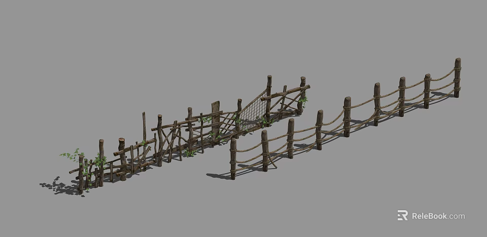 Rustic Wooden Fence And Bridge Structure With Vines In Garden Path 3d model 