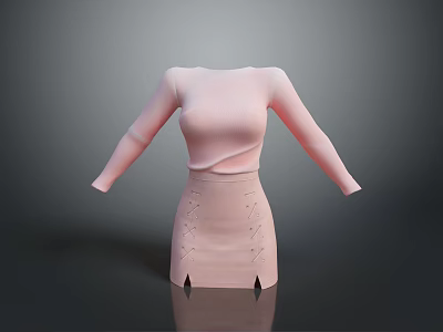 Women's Pink Knitted Long Sleeve Top With High Waist Lace Up Skirt Outfit 3d model