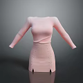 Women's Pink Knitted Long Sleeve Top With High Waist Lace Up Skirt Outfit