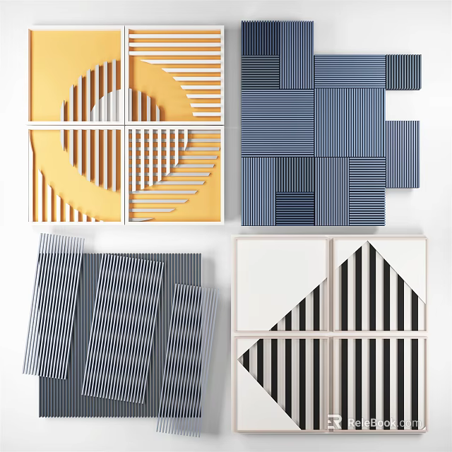 Modern Geometric Wall Decor With Yellow Blue Gray Black White Stripes And Patterns 3d model