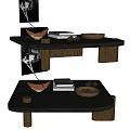 Minimalist Coffee Table With Dark Wood Top Books Pine Cones And Decorative Bowl