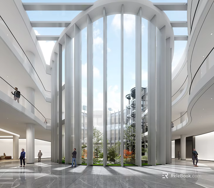 Modern Reception Desk In Spacious Lobby With Glass Structure High Ceiling And Greenery 3d model