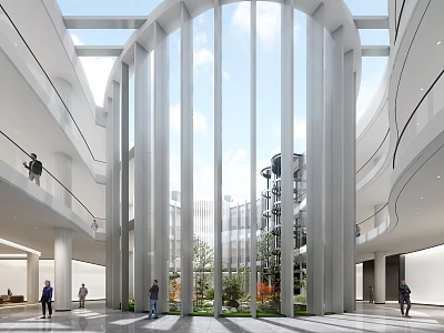 Modern Reception Desk In Spacious Lobby With Glass Structure High Ceiling And Greenery 3d model