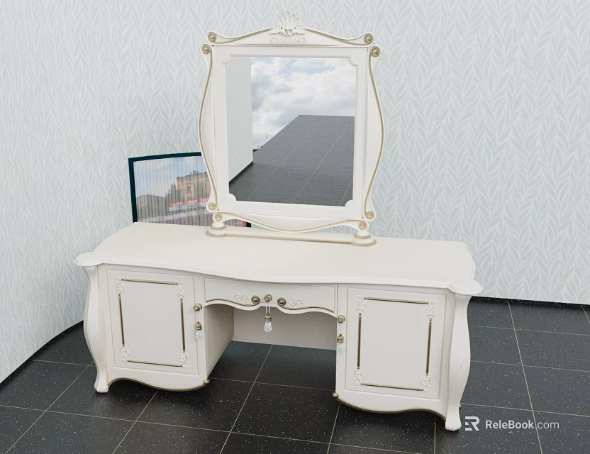 Elegant White Dressing Table With Ornate Mirror And Classic Cabinet Design 3d model 
