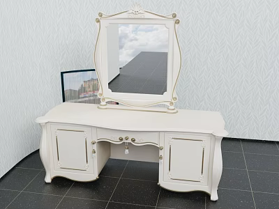 Elegant White Dressing Table With Ornate Mirror And Classic Cabinet Design 3d model