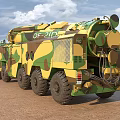 Camouflage Military Functional Vehicle With Missile Launch System On Desert Terrain
