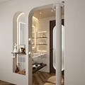 Elegant Modern Bathroom Interior With Arched Frosted Glass Door Wooden Frame Lighting Strips And Decorative Shelf