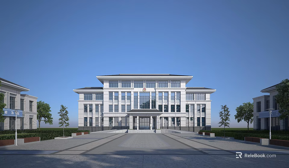 Modern Office Building Exterior With Symmetrical Facade Large Glass Windows Spacious Entrance And Landscaped Trees 3d model 