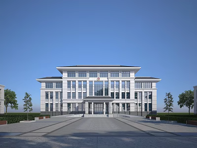 Modern Office Building Exterior With Symmetrical Facade Large Glass Windows Spacious Entrance And Landscaped Trees 3d model