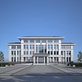 Modern Office Building Exterior With Symmetrical Facade Large Glass Windows Spacious Entrance And Landscaped Trees