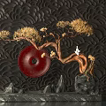 Indoor Decorative Landscape With Golden Leaf Tree Red Circular Plate Black Rocks And White Figurine