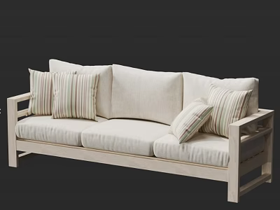 Light Colored Three Seater Sofa With Wooden Armrests And Striped Cushions 3d model