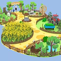 Scenic Farm Park With Windmill Cow Sunflower Field And Fountain Area
