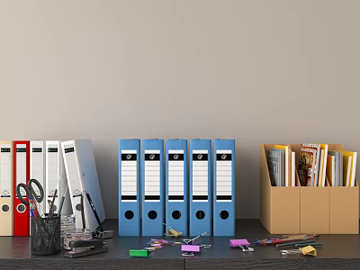 Red White Grey Blue Folders Cardboard Box Books Scissors Paperclips Colored Notes On Desk 3d model