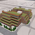 Modern Orange Office Building With Glass Elements And Landscaped Plaza Entrance Area