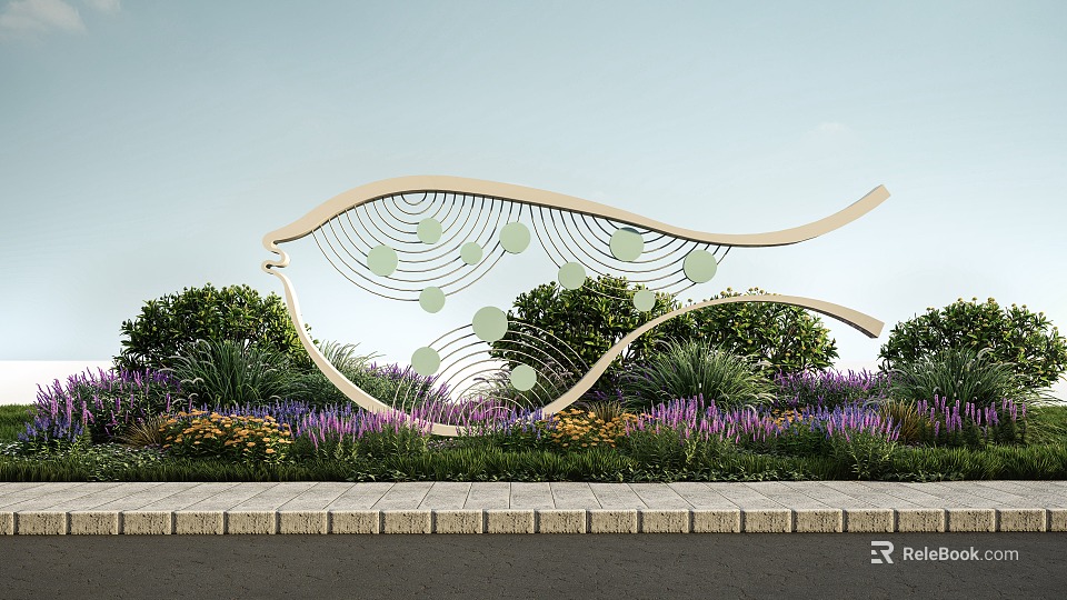 Outdoor Landscape Sculpture With Modern Curved Hollow Design Surrounded by Flowers and Green Plants 3d model 