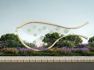 Outdoor Landscape Sculpture With Modern Curved Hollow Design Surrounded by Flowers and Green Plants 3d model