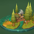 Cartoon Island Scene With Pine Trees Wooden Cabin Green Water Rocks And Wooden Fence