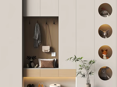 Modern Shoe Cabinet with Hanging Rack Decorative Items Potted Plant and Circular Display Frames 3d model