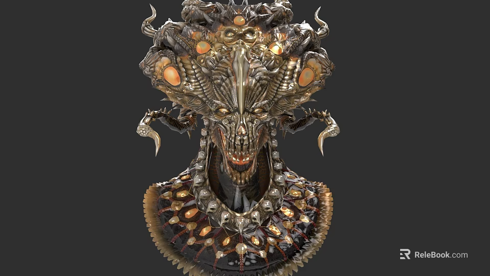 Mythical Dark Game Movie Character With Metallic Spiked Head And Glowing Eyes 3d model 