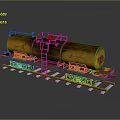 Industrial Functional Vehicle With Yellow Tank Red Frame And Green Connectors On Rails