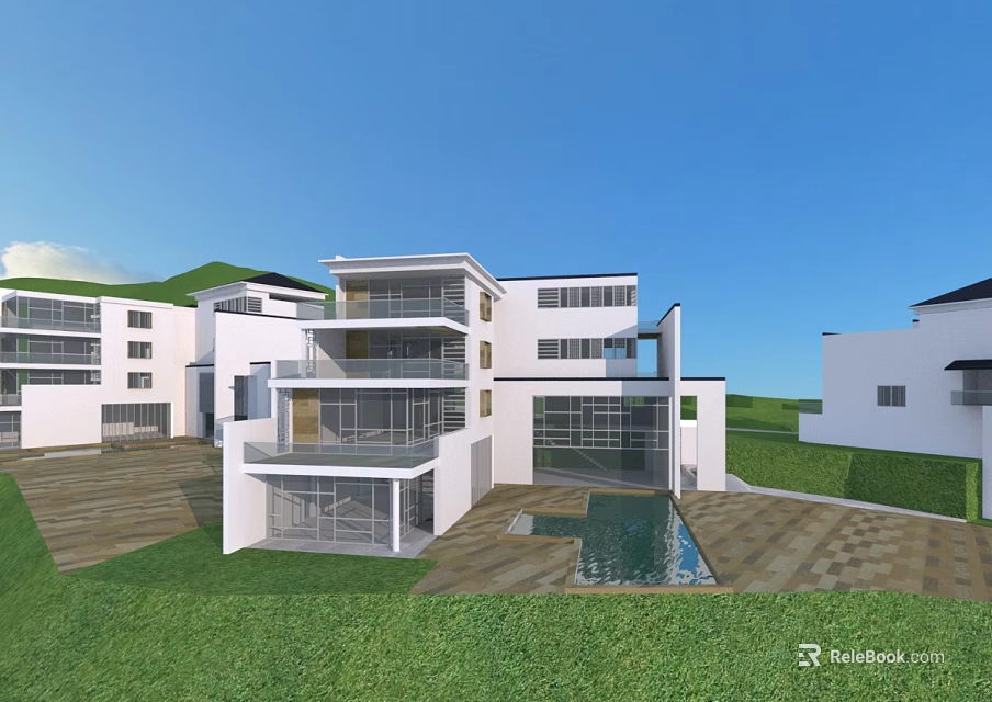 Modern Detached Villa Exterior with Large Glass Windows Swimming Pool Green Lawn and Courtyard 3d model 