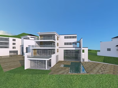 Modern Detached Villa Exterior with Large Glass Windows Swimming Pool Green Lawn and Courtyard 3d model