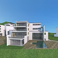 Modern Detached Villa Exterior with Large Glass Windows Swimming Pool Green Lawn and Courtyard