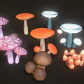 Vibrant Multicolored Mushrooms with Various Shapes and Colors on Dark Background