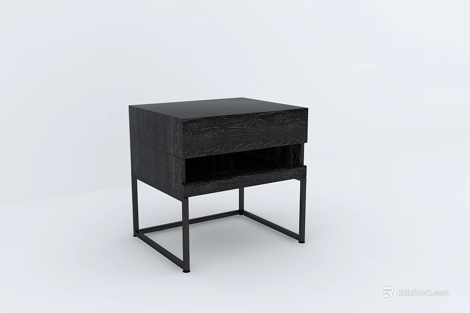 Black Wooden Modern Minimalist Bedside Table With Metal Frame And Drawer Storage 3d model 