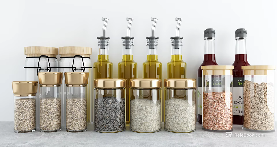 Glass Spice Jars With Gold Lids Containing Various Spices And Oils On Kitchen Counter 3d model 