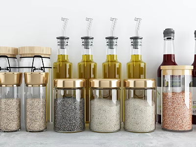 Glass Spice Jars With Gold Lids Containing Various Spices And Oils On Kitchen Counter 3d model
