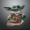 Baby Yoda Toy With Green Skin Brown Robe White Scarf And Green Creature