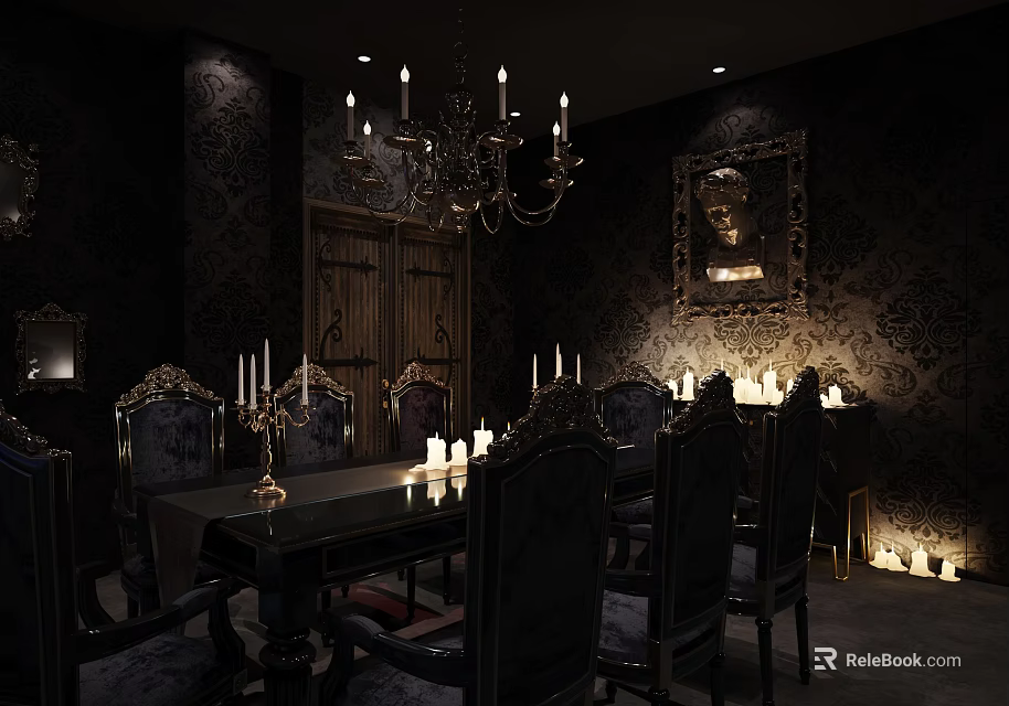 Elegant Dark Dining Room With Ornate Chandelier Long Table Carved Chairs And Candles 3d model 
