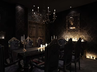 Elegant Dark Dining Room With Ornate Chandelier Long Table Carved Chairs And Candles 3d model