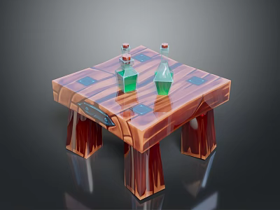 Vintage Wooden Table With Four Legs And Two Green Glass Bottles On Top 3d model