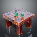 Vintage Wooden Table With Four Legs And Two Green Glass Bottles On Top